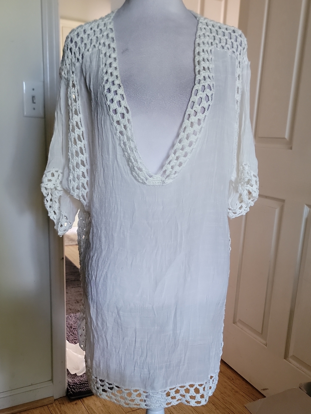 Janice White Crochet-Trim V-Neck Swim Cover-Up